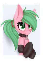 Size: 1095x1552 | Tagged: safe, artist:omi, derpibooru import, oc, oc:pine berry, unofficial characters only, earth pony, semi-anthro, blushing, bust, chest fluff, clothes, collar, female, image, latex, latex socks, looking up, passepartout, png, ponytail, smiling, socks, solo, stockings, thigh highs