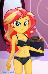 Size: 1050x1625 | Tagged: suggestive, artist:steyrrdash, derpibooru import, sunset shimmer, equestria girls, adorasexy, bare shoulders, bedroom eyes, belly button, black bra, black panties, black underwear, bra, breasts, busty sunset shimmer, carousel boutique, clothes, cute, e-cup bra, easter egg, female, image, jpeg, looking at you, panties, plushie, sexy, shimmerbetes, sleeveless, smiling, smiling at you, solo, solo female, stupid sexy sunset shimmer, underwear