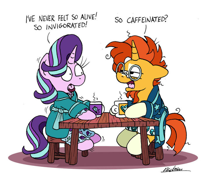 Size: 1024x867 | Tagged: safe, artist:bobthedalek, derpibooru import, starlight glimmer, sunburst, pony, unicorn, atg 2022, bathrobe, boxers, clothes, coffee, heart, heart print underwear, image, jpeg, messy mane, morning ponies, mug, newbie artist training grounds, pajamas, robe, underwear