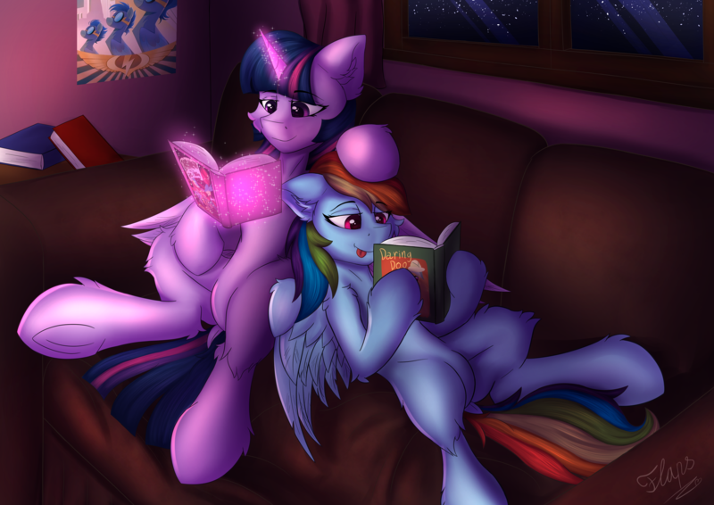 Size: 4961x3508 | Tagged: safe, artist:flapstune, derpibooru import, rainbow dash, twilight sparkle, twilight sparkle (alicorn), alicorn, pegasus, pony, book, couch, duo, duo female, female, frog (hoof), glow, glowing horn, horn, image, lesbian, magic, mare, png, poster, reading, shipping, signature, sitting, tongue out, twidash, underhoof, window, wings