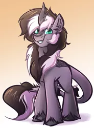 Size: 2944x4000 | Tagged: safe, artist:witchtaunter, derpibooru import, oc, oc:stripes, kirin, chest fluff, commission, ear fluff, gradient background, image, kirin oc, looking at you, male, png, raised hoof, smiling, smiling at you, solo, unshorn fetlocks