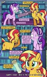 Size: 1920x3168 | Tagged: safe, artist:alexdti, derpibooru import, starlight glimmer, sunset shimmer, pony, unicorn, comic:quest for friendship, eyes closed, female, image, magic, mare, misspelling, open mouth, png, scroll, twilight's castle