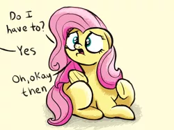 Size: 1806x1360 | Tagged: safe, artist:doodledonutart, derpibooru import, fluttershy, pegasus, pony, dialogue, image, lying down, missing cutie mark, newbie artist training grounds, offscreen character, png, prone