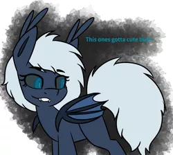 Size: 1889x1696 | Tagged: safe, artist:askhypnoswirl, derpibooru import, oc, unofficial characters only, bat pony, pony, black sclera, dialogue, ear tufts, eye clipping through hair, eyebrows, eyebrows visible through hair, female, folded wings, image, lip bite, looking at butt, looking back, mare, png, possessed, simple background, solo, wings