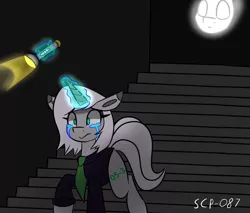 Size: 2048x1742 | Tagged: grimdark, artist:askhypnoswirl, derpibooru import, oc, unofficial characters only, pony, unicorn, clothes, crying, disembodied head, eyebrows, eyebrows visible through hair, female, flashlight (object), floppy ears, image, magic, male, mare, png, scared, scp, scp foundation, scp-087, solo, spooky, stairs