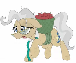 Size: 1200x1000 | Tagged: safe, artist:datte-before-dawn, mayor mare, earth pony, pony, apple, basket, broken glasses, bushel basket, female, food, glasses, image, jpeg, mare, open mouth, scratches, simple background, solo, sweat, white background