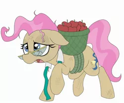 Size: 2400x2000 | Tagged: safe, alternate version, artist:datte-before-dawn, mayor mare, earth pony, pony, apple, basket, broken glasses, bushel basket, female, food, glasses, image, jpeg, mare, non-dyed mayor, open mouth, pink mane, scratches, simple background, solo, sweat, white background