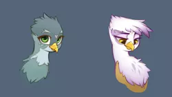 Size: 2560x1440 | Tagged: safe, artist:blue ink, edit, gabby, gilda, gryphon, bust, chest fluff, duo, duo female, female, image, lidded eyes, looking at you, looking down, png, portrait, simple background, smiling, wallpaper, wallpaper edit