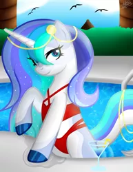 Size: 3000x3885 | Tagged: safe, artist:princessmoonsilver, derpibooru import, oc, oc:aurora polaris, pony, unicorn, clothes, commission, high res, image, jpeg, solo, summer, swimming pool, swimsuit, ych example, ych result, your character here