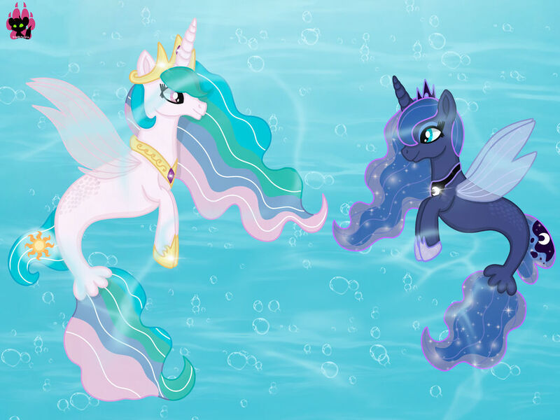 Size: 1024x768 | Tagged: safe, artist:emilynevla, derpibooru import, princess celestia, princess luna, alicorn, pony, seapony (g4), clothes, colored pupils, crown, dorsal fin, ethereal mane, ethereal tail, female, fin wings, fins, fish tail, flowing mane, flowing tail, hoof shoes, horn, image, jewelry, jpeg, logo, looking at each other, looking at someone, mare, ocean, peytral, regalia, royal sisters, seaponified, seapony celestia, seapony luna, see-through, siblings, sisters, smiling, species swap, starry mane, sunlight, tail, underwater, water, wings