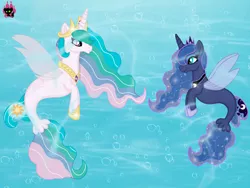 Size: 1024x768 | Tagged: safe, artist:emilynevla, derpibooru import, princess celestia, princess luna, alicorn, pony, seapony (g4), clothes, colored pupils, crown, dorsal fin, ethereal mane, ethereal tail, female, fin wings, fins, fish tail, flowing mane, flowing tail, hoof shoes, horn, image, jewelry, jpeg, logo, looking at each other, looking at someone, mare, ocean, peytral, regalia, royal sisters, seaponified, seapony celestia, seapony luna, see-through, siblings, sisters, smiling, species swap, starry mane, sunlight, tail, underwater, water, wings