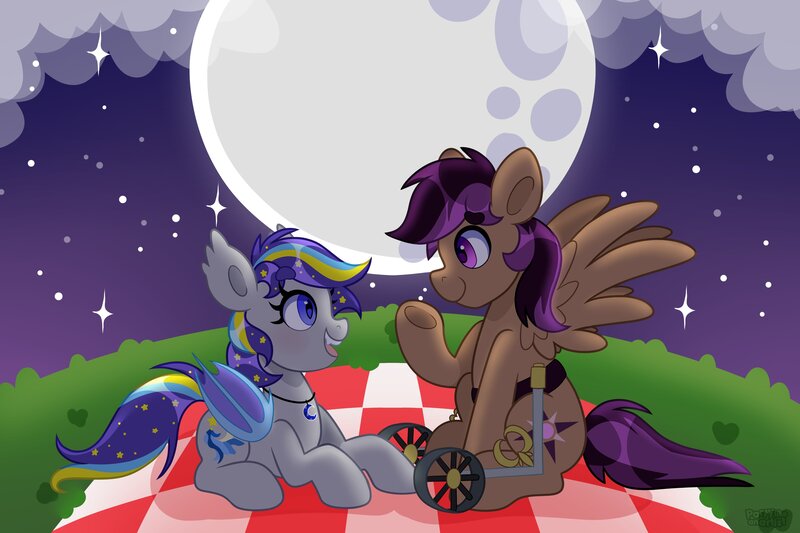 Size: 4096x2731 | Tagged: safe, artist:partylikeanartist, derpibooru import, stellar eclipse, oc, oc:night lark, bat pony, pegasus, pony, bat pony oc, bat wings, canon x oc, female, full moon, image, jpeg, looking at each other, looking at someone, lying down, male, moon, night, picnic blanket, prone, shipping, sitting, smiling, smiling at each other, stellarnight, straight, wings