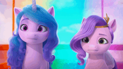 Size: 600x338 | Tagged: safe, derpibooru import, screencap, izzy moonbow, pipp petals, pegasus, pony, unicorn, my little pony: make your mark, spoiler:my little pony: make your mark, animated, duo, female, g5, gif, i watch it for the ears, image, mare