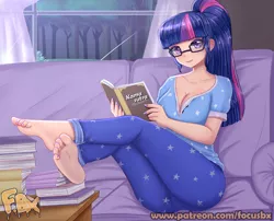 Size: 3071x2480 | Tagged: safe, artist:focusb, derpibooru import, sci-twi, twilight sparkle, equestria girls, barefoot, book, clothes, couch, feet, glasses, high res, human coloration, image, jpeg, pajamas, reading, solo, window