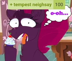 Size: 710x600 | Tagged: safe, artist:decokenite, artist:katnekobase, derpibooru import, fizzlepop berrytwist, tempest shadow, pony, unicorn, base used, cupcake, female, food, image, kitchen, mare, png, shocked, shocked expression, shocked eyes, speech bubble