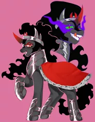 Size: 1496x1912 | Tagged: safe, artist:gobstopper, derpibooru import, king sombra, pony, unicorn, antagonist, cape, clothes, colored horn, curved horn, fangs, horn, image, pink background, png, sharp teeth, simple background, solo, sombra eyes, teeth