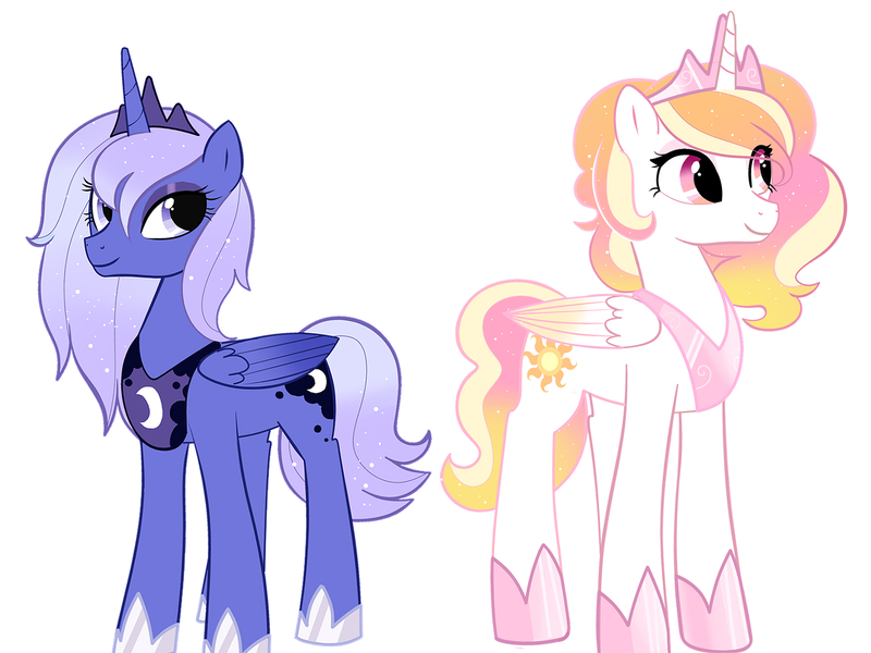 Size: 2000x1500 | Tagged: safe, artist:tikapony, derpibooru import, princess celestia, princess luna, alicorn, pony, crown, female, image, jewelry, jpeg, night, princess, redesign, regalia, royal sisters, siblings, sisters, sun