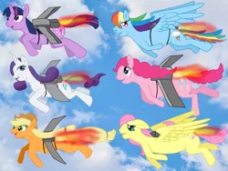 Size: 1280x960 | Tagged: safe, artist:galbin32, derpibooru import, applejack, fluttershy, pinkie pie, rainbow dash, rarity, twilight sparkle, earth pony, pegasus, unicorn, flying, image, jetpack, jpeg, sky, sky background, unicorn twilight