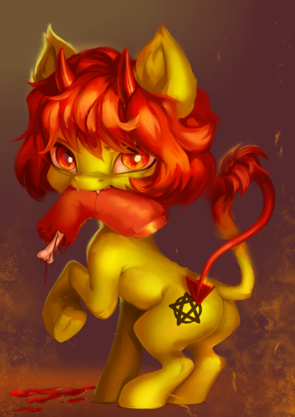 Size: 2894x4093 | Tagged: semi-grimdark, artist:khvorost162, derpibooru import, oc, demon, imp, blood, bone, cute, grimcute, horns, image, looking at you, png, severed leg, severed limb, solo