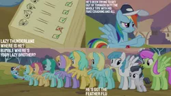 Size: 1280x720 | Tagged: safe, derpibooru import, edit, edited screencap, editor:quoterific, screencap, rainbow dash, rumble, pegasus, pony, hurricane fluttershy, season 2, colt, female, foal, image, male, mare, open mouth, png, spread wings, text, whistle, whistle necklace, wings