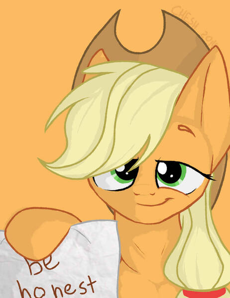 Size: 1000x1300 | Tagged: safe, artist:cheshchesh, applejack, pony, applejack's hat, cowboy hat, female, hat, hoof hold, image, jpeg, looking at you, mare, orange background, paper, sign, simple background, solo