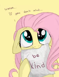 Size: 1000x1300 | Tagged: safe, artist:cheshchesh, fluttershy, pony, female, floppy ears, image, jpeg, looking at you, mare, mouth hold, paper, sign, simple background, solo, yellow background