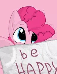 Size: 1000x1300 | Tagged: safe, artist:cheshchesh, pinkie pie, pony, female, hoof hold, image, jpeg, looking at you, mare, pink background, simple background, solo