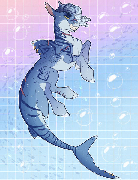 Size: 1280x1670 | Tagged: safe, artist:sadelinav, derpibooru import, oc, unofficial characters only, fish, original species, shark, shark pony, bubble, digital art, dorsal fin, fangs, fins, fish tail, gills, grin, image, jpeg, looking at you, male, smiling, solo, swimming, tail, teeth, underwater, water, yellow eyes