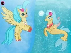 Size: 1024x768 | Tagged: safe, artist:emilynevla, derpibooru import, princess skystar, classical hippogriff, hippogriff, seapony (g4), my little pony: the movie, beak, blue eyes, blue mane, dorsal fin, feather, female, fin wings, fins, fish tail, flower, flower in hair, flowing mane, flowing tail, flying, glow, image, jewelry, jpeg, necklace, ocean, pearl necklace, sky, smiling, solo, spread wings, sunlight, tail, underwater, water, wings