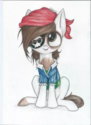 Size: 1280x1760 | Tagged: safe, artist:cheshchesh, pipsqueak, pony, clothes, colt, costume, eyepatch, image, jpeg, male, pirate, simple background, sitting, traditional art, white background