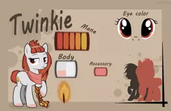 Size: 1280x833 | Tagged: safe, artist:cheshchesh, oc, oc:twinkie, pony, braid, brown background, commission, female, image, jpeg, looking at you, mare, raised leg, reference sheet, show accurate, simple background, size difference