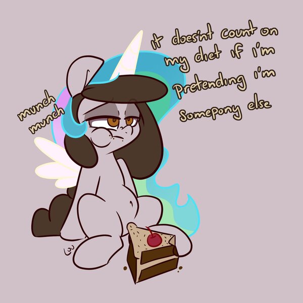 Size: 1500x1500 | Tagged: safe, artist:lou, derpibooru import, oc, unofficial characters only, earth pony, pony, cake, celestia costume, clothes, costume, diet, eating, fake horn, fake wings, food, gray background, image, jpeg, simple background, sitting, solo, text, wig
