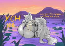 Size: 3508x2480 | Tagged: suggestive, artist:ardilya, derpibooru import, any gender, any race, any species, commission, digital art, image, lake, png, purple background, scenery, simple background, solo, sunset, water, ych sketch, your character here
