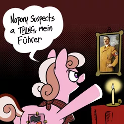 Size: 1024x1024 | Tagged: safe, artist:anonymous, oc, oc:aunt eva, unofficial characters only, adolf hitler, antifa, bust, candle, clothes, dialogue, english, fake cutie mark, gradient background, image, png, politics, portrait, scarf, sieg heil, solo