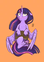Size: 2480x3508 | Tagged: suggestive, artist:ardilya, derpibooru import, twilight sparkle, alicorn, blushing, book, digital art, hiding, hiding behind book, image, looking at you, lying down, on back, png, simple background, solo, surprised, wings