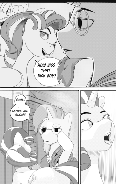 Size: 1805x2857 | Tagged: suggestive, artist:applephil, derpibooru import, starlight glimmer, sunburst, trixie, ponified, pony, unicorn, black and white, comic, dialogue, female, grayscale, image, implied small penis, mare, monochrome, png, speech bubble, trio
