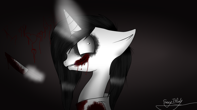 Size: 2048x1152 | Tagged: safe, artist:djdupstep15, derpibooru import, ponified, pony, unicorn, bust, glow, glowing horn, horn, image, jeff the killer, knife, magic, male, meme, png, signature, solo, stallion, telekinesis