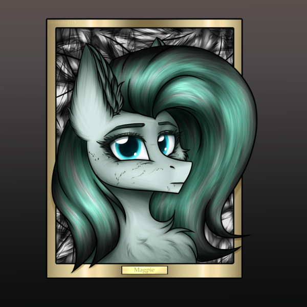 Size: 2000x2000 | Tagged: safe, artist:darklight1315, derpibooru import, oc, oc:magpie, earth pony, pony, fallout equestria, bust, chest fluff, crystal scar, ear fluff, fallout equestria: dark delirium, feather, image, png, portrait, scar, solo