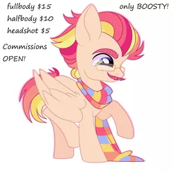 Size: 2000x2000 | Tagged: safe, artist:princessolmi, derpibooru import, oc, unofficial characters only, pegasus, pony, advertisement, clothes, commission info, facial hair, glasses, image, male, moustache, pegasus oc, png, raised hoof, scarf, simple background, solo, stallion, white background, wings