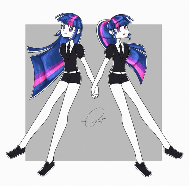 Size: 2048x2016 | Tagged: safe, artist:oc_ponys, derpibooru import, sci-twi, twilight sparkle, equestria girls, clothes, duo, duo female, eye clipping through hair, female, holding hands, image, jpeg, looking at each other, looking at someone, looking back, necktie, open mouth, signature, simple background, twolight, white background