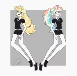 Size: 2048x2016 | Tagged: safe, artist:oc_ponys, derpibooru import, applejack, rainbow dash, equestria girls, clothes, duo, duo female, eye clipping through hair, female, image, jpeg, looking at each other, looking at someone, looking back, necktie, open mouth, signature, simple background, white background