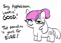 Size: 1166x836 | Tagged: safe, artist:tjpones, derpibooru import, apple bloom, earth pony, pony, apple bloom's bow, bald, black and white, bow, female, filly, foal, grayscale, hair bow, image, jpeg, lidded eyes, looking at you, monochrome, partial color, simple background, smiling, smiling at you, smug, solo, text, white background