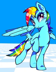 Size: 1470x1885 | Tagged: safe, artist:stacy_165cut, derpibooru import, rainbow dash, pegasus, pony, blue background, female, image, jpeg, mare, partially open wings, raised hoof, raised leg, simple background, solo, wings