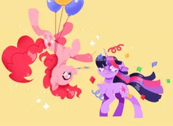 Size: 2048x1489 | Tagged: safe, artist:pastacrylic, derpibooru import, pinkie pie, twilight sparkle, earth pony, pony, unicorn, balloon, confetti, derp, duo, duo female, female, floating, horn, image, jpeg, party horn, simple background, sparkles, then watch her balloons lift her up to the sky, unicorn twilight, upside down, yellow background