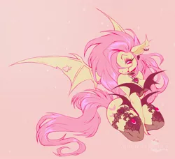 Size: 2048x1866 | Tagged: suggestive, artist:spookieghoulie, derpibooru import, fluttershy, bat pony, bat ponified, bat wings, breasts, cleavage, clothes, curvy, female, flutterbat, image, jewelry, jpeg, kneeling, lingerie, necklace, pink background, race swap, simple background, socks, solo, solo female, sparkles, thigh highs, wings