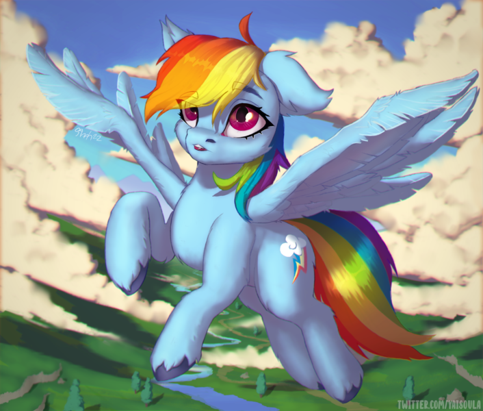 Size: 3067x2608 | Tagged: safe, artist:yaisoula, derpibooru import, rainbow dash, pegasus, pony, cloud, eye clipping through hair, eyebrows, eyebrows visible through hair, female, floppy ears, flying, high res, image, mare, one ear down, png, solo, spread wings, unshorn fetlocks, wings