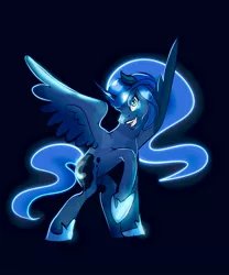 Size: 1706x2048 | Tagged: safe, artist:bestlifeb4, derpibooru import, princess luna, alicorn, pony, female, horn, image, jewelry, jpeg, looking at you, mare, open mouth, profile, raised hoof, regalia, simple background, solo, spread wings, wings