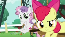 Size: 1280x720 | Tagged: safe, derpibooru import, screencap, apple bloom, sweetie belle, earth pony, pony, unicorn, on your marks, season 6, confused, duo, duo female, female, filly, foal, image, looking at you, meme origin, png, stare