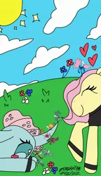 Size: 1536x2665 | Tagged: safe, artist:enperry88, derpibooru import, fluttershy, ocellus, seabreeze, breezie, changedling, changeling, pegasus, pony, awww, blue sky, blushing, clothes, cloud, cute, floppy ears, grass, handband, happy, heart, image, jpeg, leader, lying down, nose nuzzle, nuzzling, part of the team, smiling, sparkles, sparkling sun, sun, surprised, team of workers, uniform, vest uniform, wings