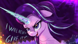 Size: 1600x900 | Tagged: safe, artist:darksly, derpibooru import, starlight glimmer, pony, unicorn, abstract background, atg 2022, dark background, determined, dialogue, female, glow, glowing horn, horn, image, jpeg, magic, mare, newbie artist training grounds, solo